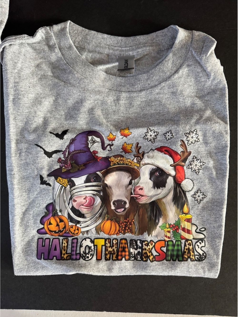 Womans  Gray Halloween Thanksgiving Christmas Graphic T-Shirt